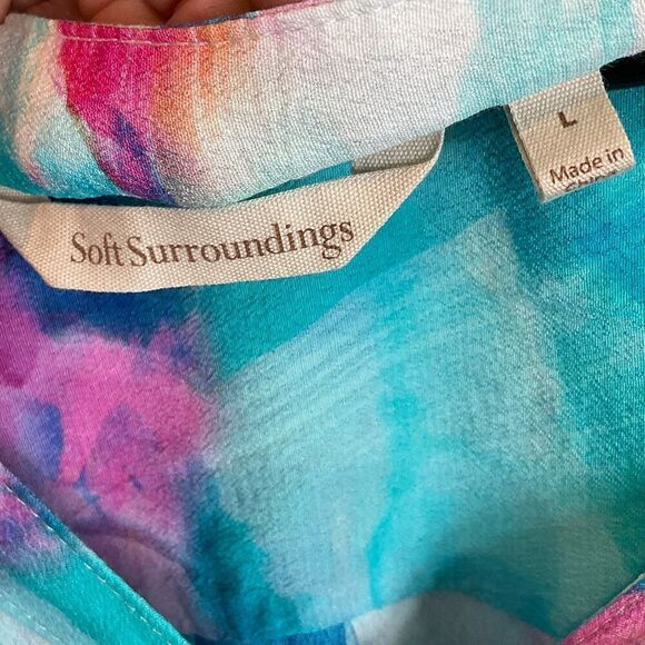 Soft Surroundings Women Top Sz L Blouse Button Up Watercolor Modern Blue Pink R3 - Picture 11 of 12